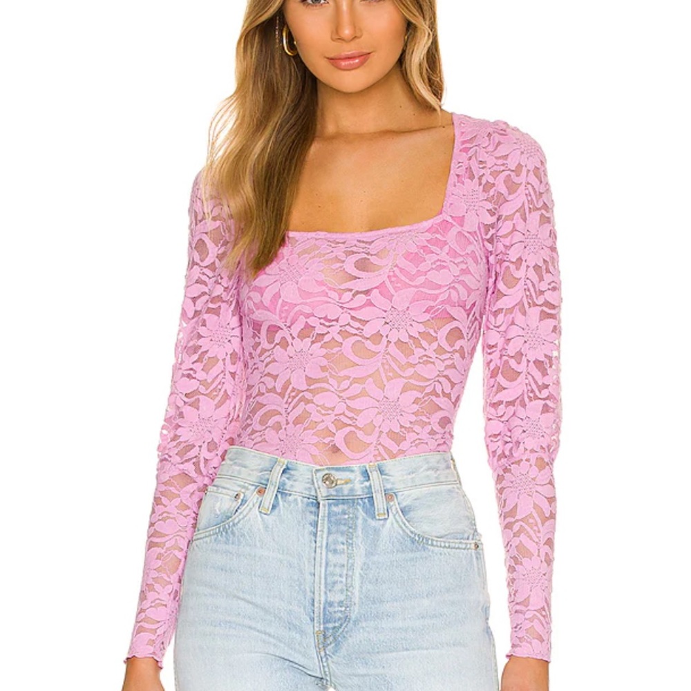 NWT Free People Lace Top Layering Long Sleeve Sheer Lace Top in Pink Size Medium